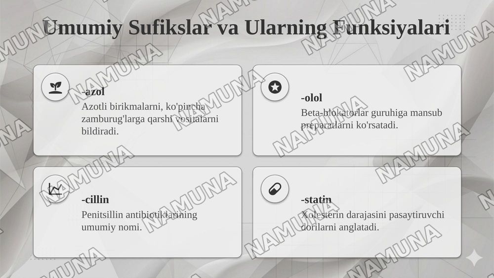 Dori nomlari yasalishida qo'llaniladigan ma'noli so'z yasovchi qismlar — taqdimot, 7-slayd