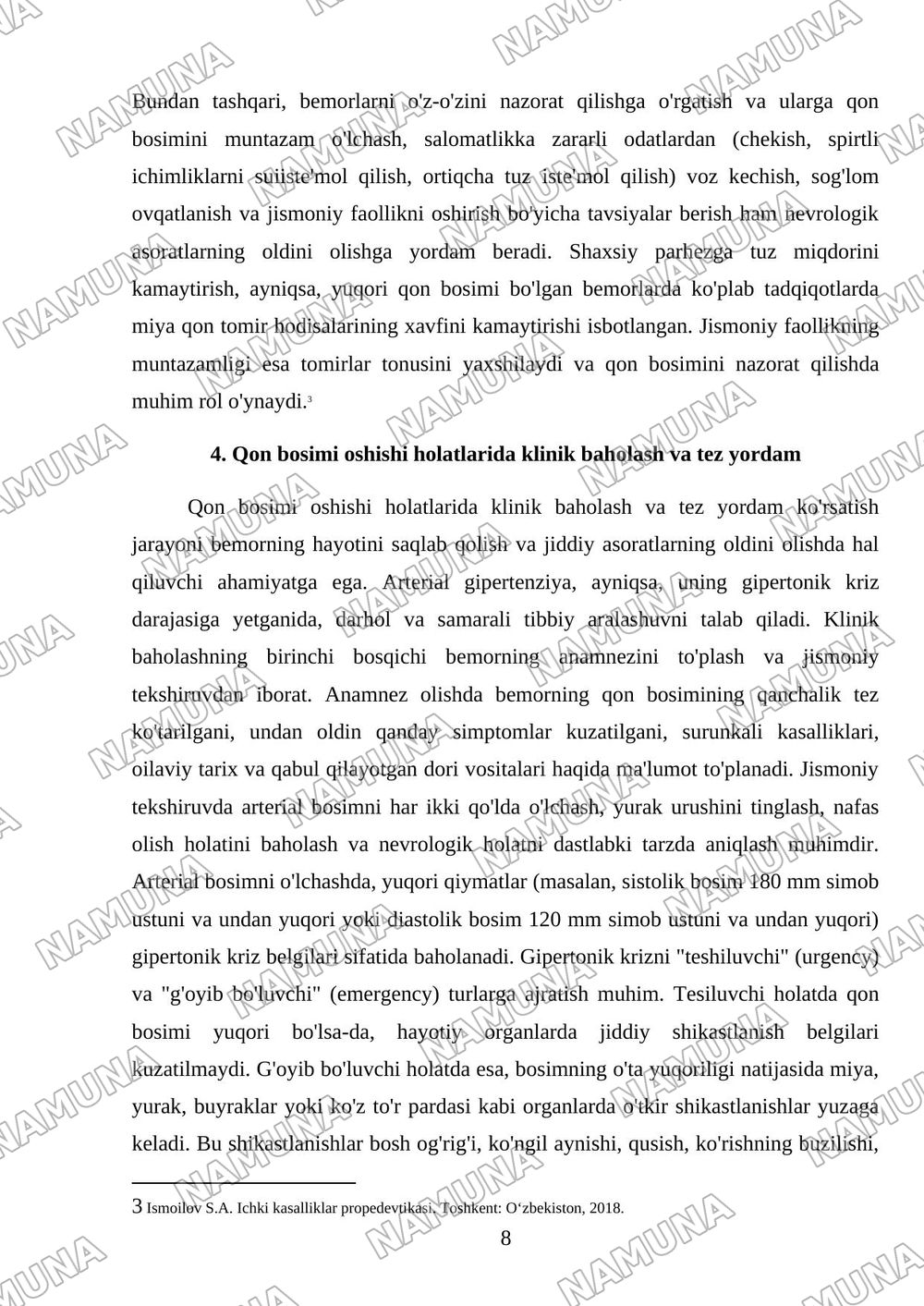 Arterial gipertenziya va gipertonik krizlarda xavfli belgilarni aniqlash,bosimni pasaytirish va nevrologik asoratlarni oldini olish Qon bosimi oshishi holatlarida klinik baholash,tez yordam dori vosi — mustaqil ish, 8-varaq