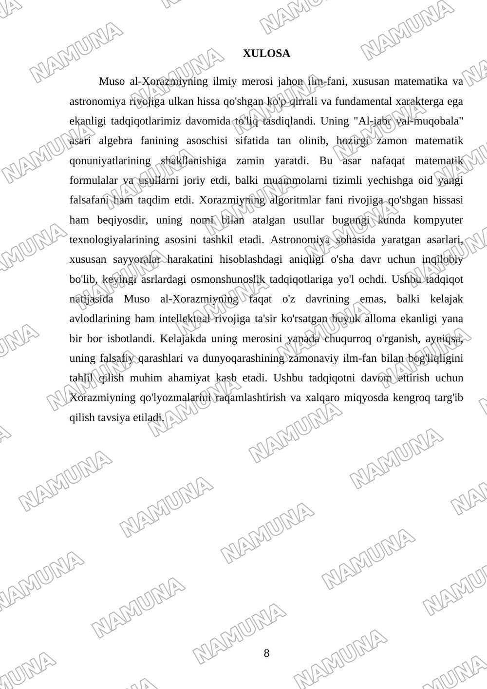 Muso al Xorazmiyning ilmiy merosi — mustaqil ish, 8-varaq