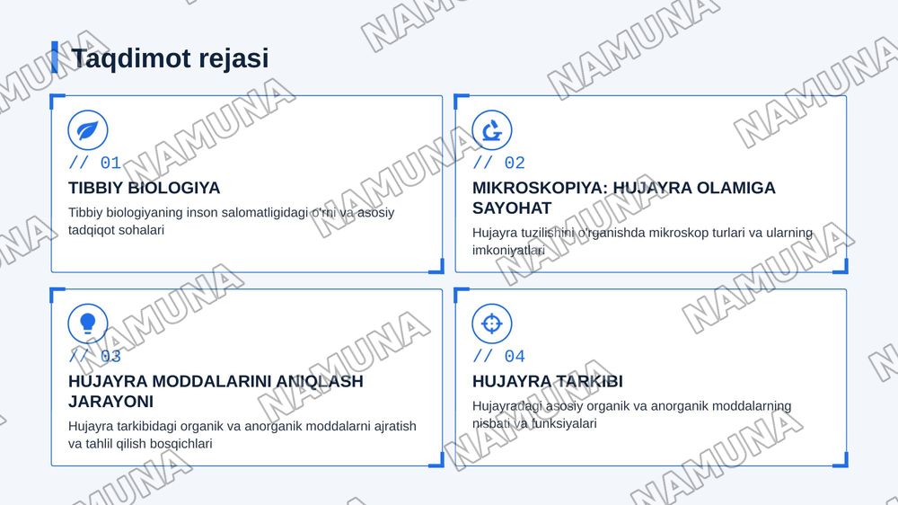 Tibbiy biologiyaning tadqiqot usullari.
Mikroskop bilan ishlash. Hujayra tarkibidagi
organik va anorganik moddalarni aniqlash,
biologik ahamiyatini tahlil qilish. — zamonaviy taqdimot, 2-slayd