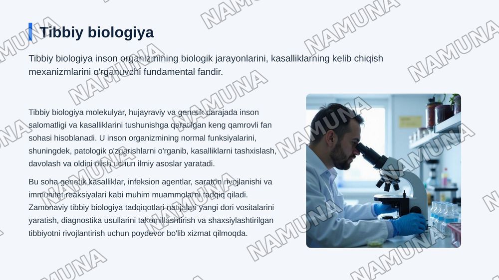 Tibbiy biologiyaning tadqiqot usullari.
Mikroskop bilan ishlash. Hujayra tarkibidagi
organik va anorganik moddalarni aniqlash,
biologik ahamiyatini tahlil qilish. — zamonaviy taqdimot, 3-slayd