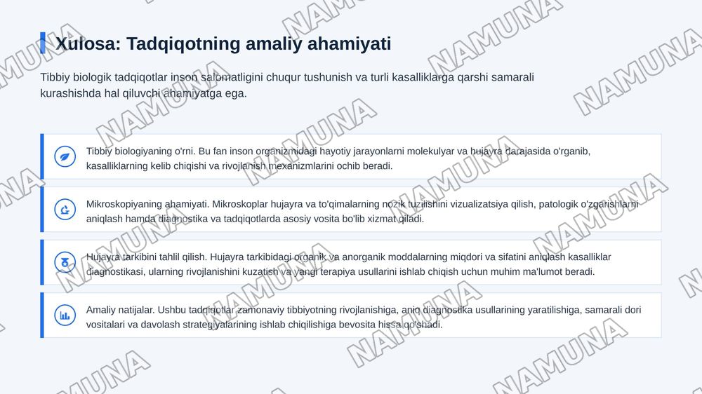 Tibbiy biologiyaning tadqiqot usullari.
Mikroskop bilan ishlash. Hujayra tarkibidagi
organik va anorganik moddalarni aniqlash,
biologik ahamiyatini tahlil qilish. — zamonaviy taqdimot, 7-slayd