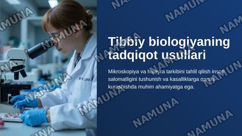 Tibbiy biologiyaning tadqiqot usullari.
Mikroskop bilan ishlash. Hujayra tarkibidagi
organik va anorganik moddalarni aniqlash,
biologik ahamiyatini tahlil qilish. — zamonaviy taqdimot