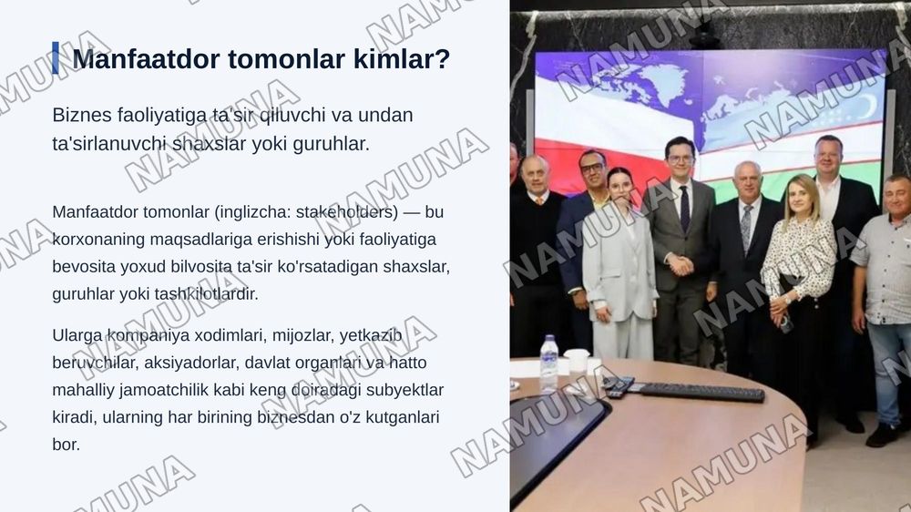 Biznes Nubyekt-lurining munfuutli tomonluri 3.1 Biznendu manfuatdor bottanlar 1lehl va tathgi man faatdor tomoniar va ularning oʻzaro bogʻlqligi. 3.3. ManfaatdoF tomonlar 'rtasidagi sidbyadlatI Buznenda manfaatdor tomonlar 2, lohki va tashqi manfaatdor tomonlar va ularming o'zaro bog lqgi3 Mafaatdor — zamonaviy taqdimot, 3-slayd