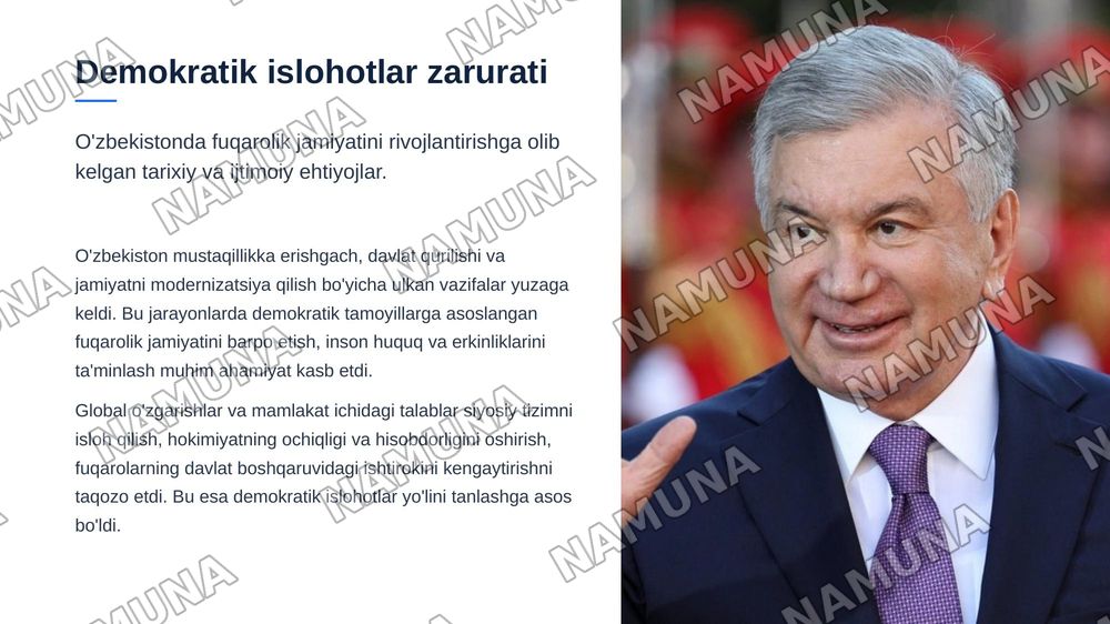 O'zbekistonda demokratik fuqarolik jamiyati asoslarining shakllanishi va amalga oshirilgan siyosiy islohotlar — zamonaviy taqdimot, 3-slayd