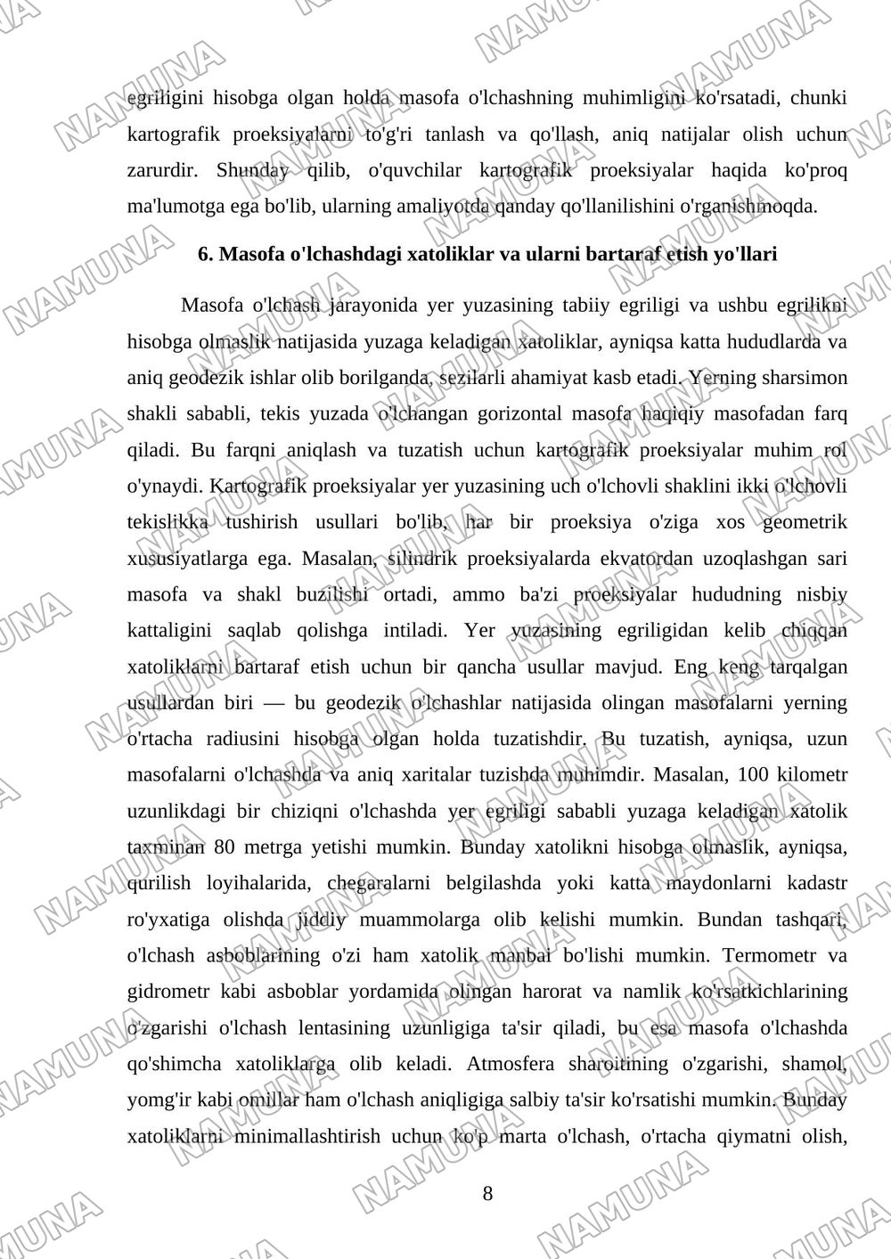 Mavzu: Masofa oʼlchashga yer egriligini tasiri.Kartografik proeksiyalar toʼgʼrisida qisqacha maʼlumot. Tavsiya etilgan adabiyotlar: Tuxtamishev sh.sh Meliyev B.A Mirzayev A.A 'Geodeziya' 1-2- qism oʼ — mustaqil ish, 8-varaq