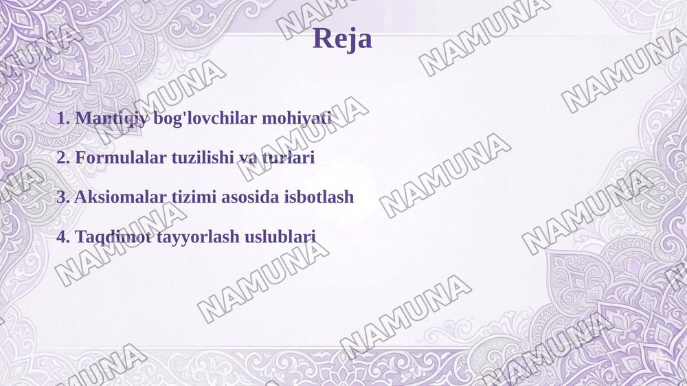 Mantiqiy bogʻlovchilar, qismiy formula, isbotlanuvchi formula tushunchalarini oʻrganib, mulohazalar hisobining aksiomalar sistemasi asosida bir nechta formulani isbotlash va taqdimot tayyorlash — taqdimot, 2-slayd