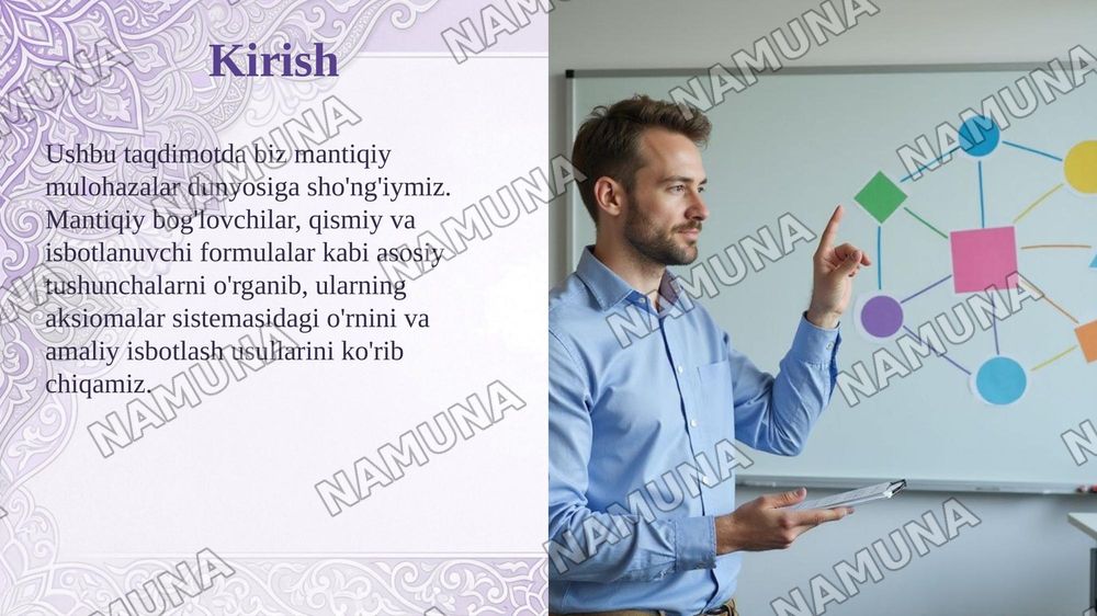 Mantiqiy bogʻlovchilar, qismiy formula, isbotlanuvchi formula tushunchalarini oʻrganib, mulohazalar hisobining aksiomalar sistemasi asosida bir nechta formulani isbotlash va taqdimot tayyorlash — taqdimot, 3-slayd