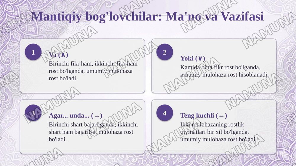 Mantiqiy bogʻlovchilar, qismiy formula, isbotlanuvchi formula tushunchalarini oʻrganib, mulohazalar hisobining aksiomalar sistemasi asosida bir nechta formulani isbotlash va taqdimot tayyorlash — taqdimot, 4-slayd