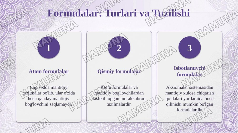 Mantiqiy bogʻlovchilar, qismiy formula, isbotlanuvchi formula tushunchalarini oʻrganib, mulohazalar hisobining aksiomalar sistemasi asosida bir nechta formulani isbotlash va taqdimot tayyorlash — taqdimot, 5-slayd