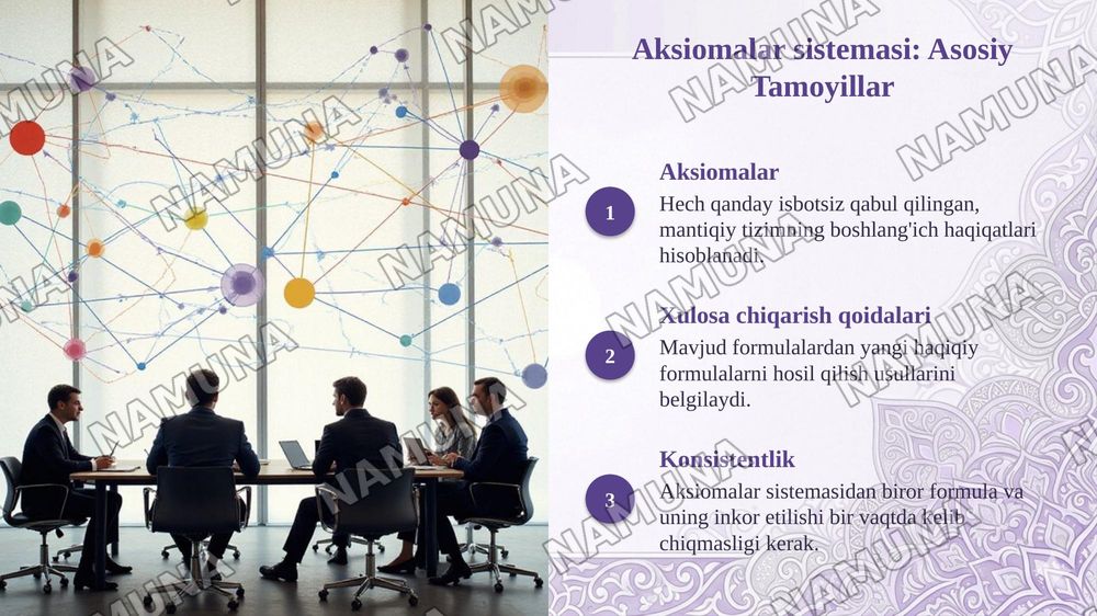 Mantiqiy bogʻlovchilar, qismiy formula, isbotlanuvchi formula tushunchalarini oʻrganib, mulohazalar hisobining aksiomalar sistemasi asosida bir nechta formulani isbotlash va taqdimot tayyorlash — taqdimot, 6-slayd