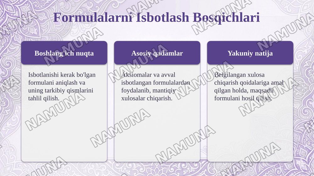 Mantiqiy bogʻlovchilar, qismiy formula, isbotlanuvchi formula tushunchalarini oʻrganib, mulohazalar hisobining aksiomalar sistemasi asosida bir nechta formulani isbotlash va taqdimot tayyorlash — taqdimot, 7-slayd