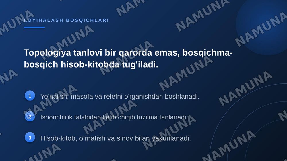 Radiorele tarmoqlarining topologiyalari. Zanjir, halqa va daraxt tuzilmalari, tarmoqni loyihalash bosqichlari. — zamonaviy taqdimot, 7-slayd