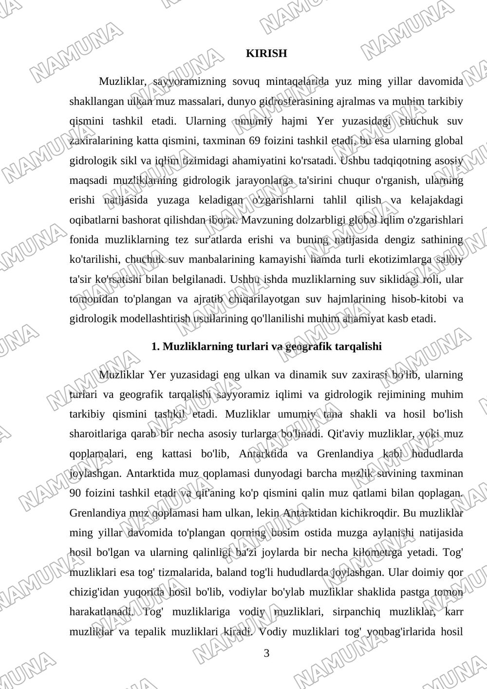 Muzliklar va ularning gidrologik ahamyati — mustaqil ish, 3-varaq
