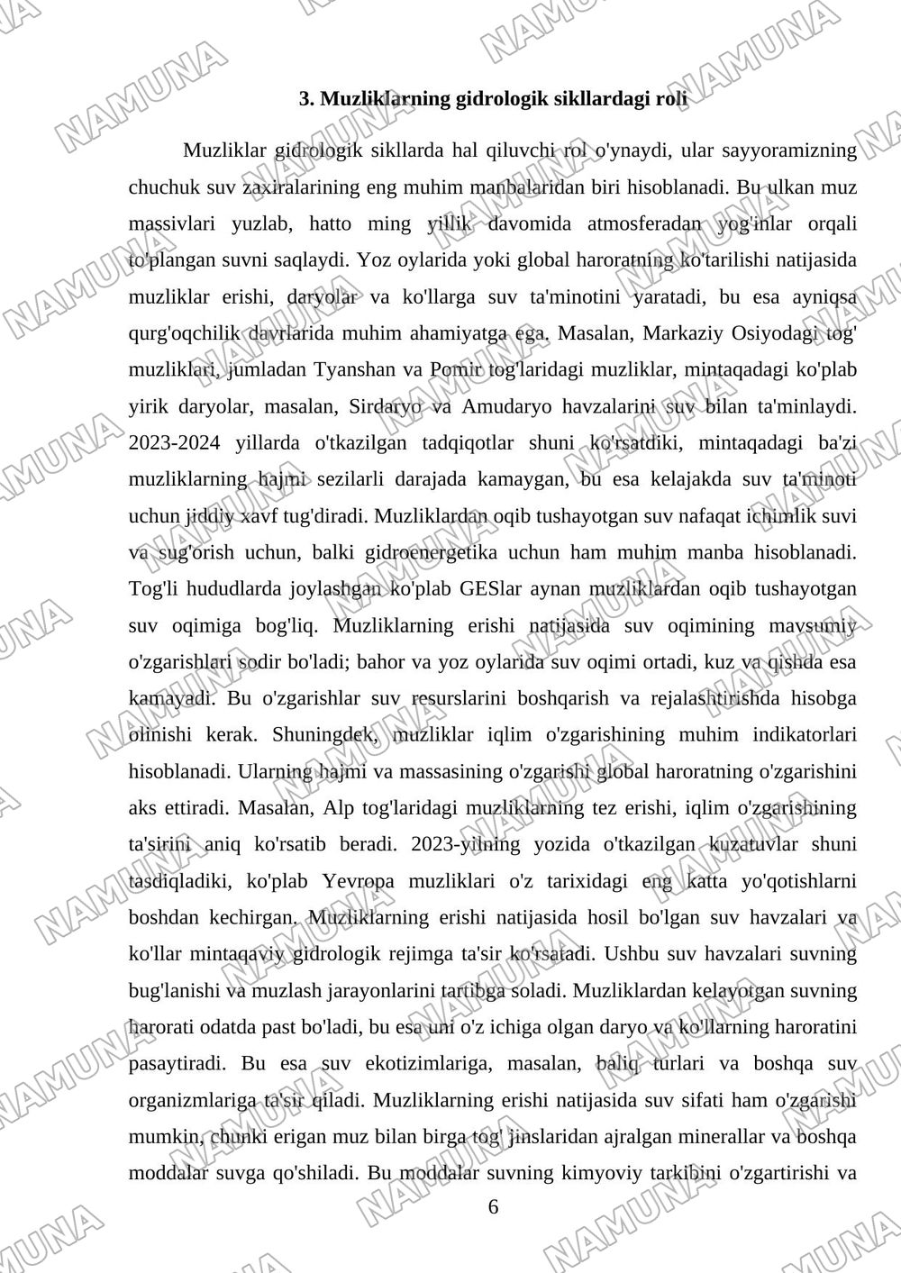 Muzliklar va ularning gidrologik ahamyati — mustaqil ish, 6-varaq