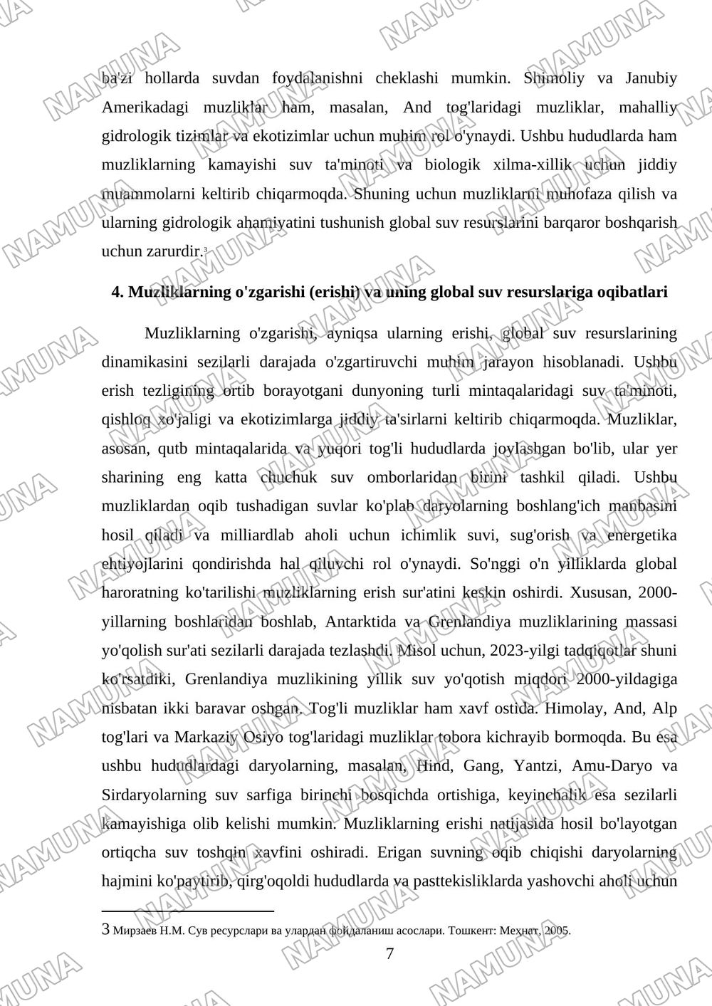 Muzliklar va ularning gidrologik ahamyati — mustaqil ish, 7-varaq