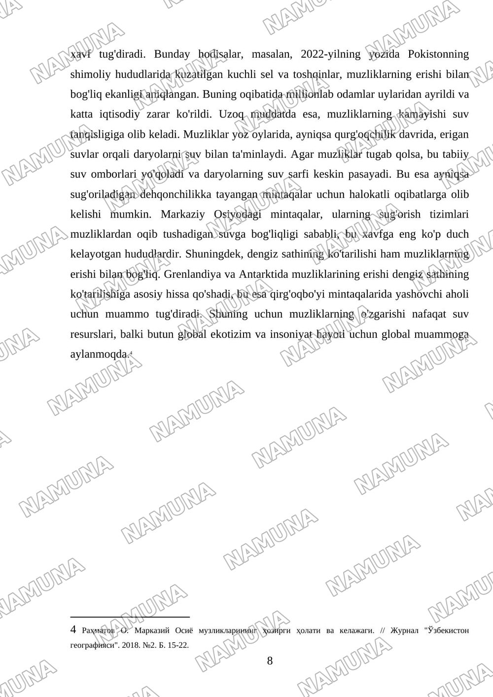 Muzliklar va ularning gidrologik ahamyati — mustaqil ish, 8-varaq