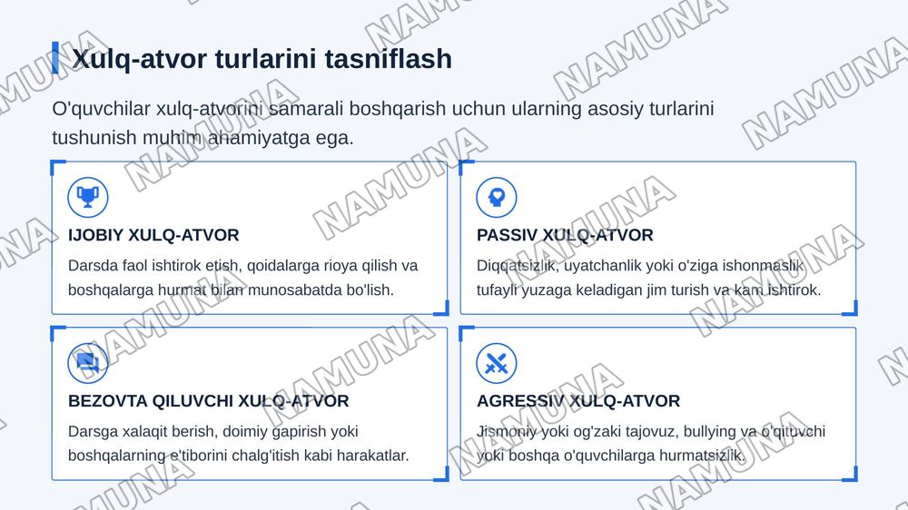 O’quvchilar xulq atvorini tasniflash va proaktiv va reaktiv xulq boshqaruv — zamonaviy taqdimot, 4-slayd
