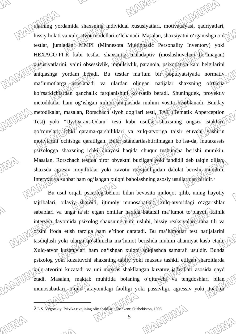 Og'ishgan xulqning diagnostik usullari — mustaqil ish, 5-varaq
