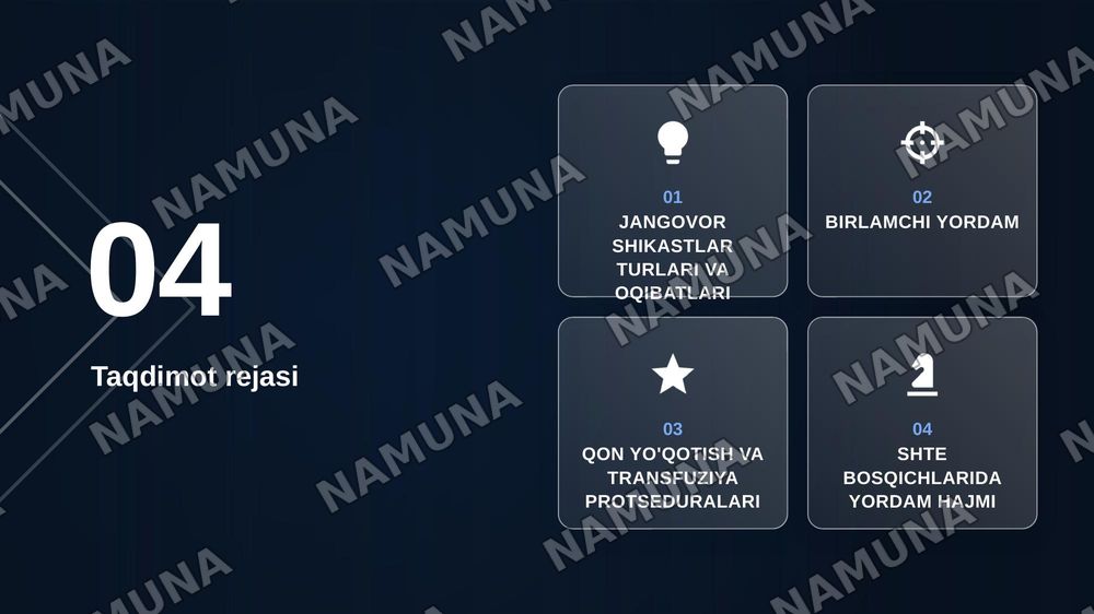 Kalla, bosh miya, umurtqa va orqa miyani jangovor shikastlari. Kalla, bosh miya, umurtqa va orqa miyaning jangovor shikastlari birlamchi tibbiy yordam, UASh roli va ahamiyati. Yirik qon tomirlarni shikastlanishi, qon yo‘qotish va qon quyish tasnifi va ko‘rsatmalar, qon saqlash talablari.ShTE bosqich — zamonaviy taqdimot, 2-slayd