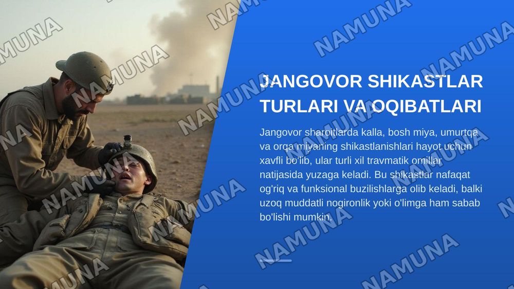 Kalla, bosh miya, umurtqa va orqa miyani jangovor shikastlari. Kalla, bosh miya, umurtqa va orqa miyaning jangovor shikastlari birlamchi tibbiy yordam, UASh roli va ahamiyati. Yirik qon tomirlarni shikastlanishi, qon yo‘qotish va qon quyish tasnifi va ko‘rsatmalar, qon saqlash talablari.ShTE bosqich — zamonaviy taqdimot, 3-slayd