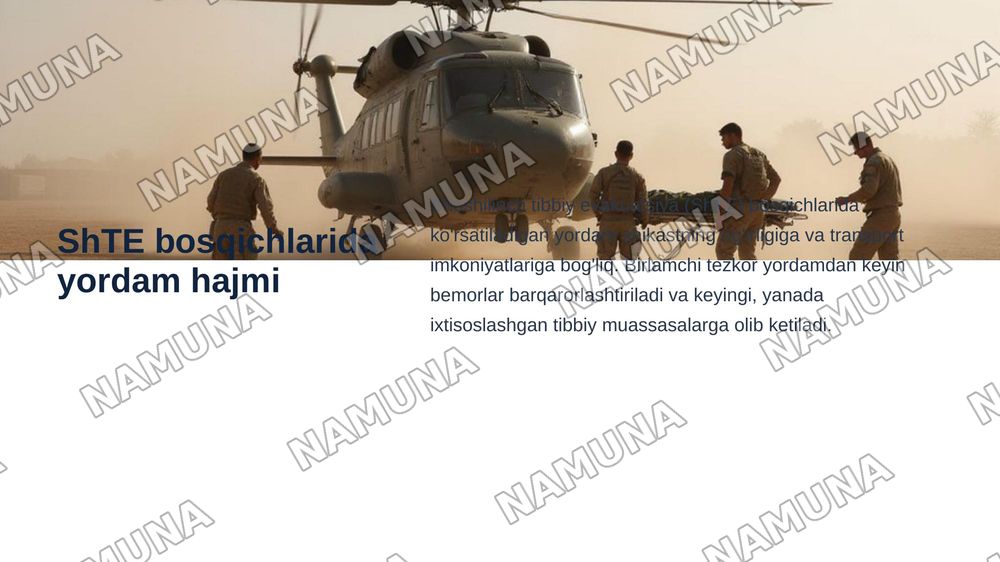 Kalla, bosh miya, umurtqa va orqa miyani jangovor shikastlari. Kalla, bosh miya, umurtqa va orqa miyaning jangovor shikastlari birlamchi tibbiy yordam, UASh roli va ahamiyati. Yirik qon tomirlarni shikastlanishi, qon yo‘qotish va qon quyish tasnifi va ko‘rsatmalar, qon saqlash talablari.ShTE bosqich — zamonaviy taqdimot, 6-slayd