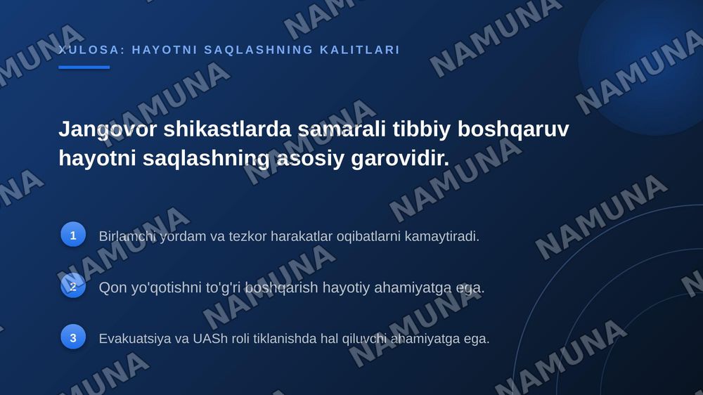 Kalla, bosh miya, umurtqa va orqa miyani jangovor shikastlari. Kalla, bosh miya, umurtqa va orqa miyaning jangovor shikastlari birlamchi tibbiy yordam, UASh roli va ahamiyati. Yirik qon tomirlarni shikastlanishi, qon yo‘qotish va qon quyish tasnifi va ko‘rsatmalar, qon saqlash talablari.ShTE bosqich — zamonaviy taqdimot, 7-slayd