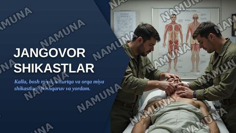 Kalla, bosh miya, umurtqa va orqa miyani jangovor shikastlari. Kalla, bosh miya, umurtqa va orqa miyaning jangovor shikastlari birlamchi tibbiy yordam, UASh roli va ahamiyati. Yirik qon tomirlarni shikastlanishi, qon yo‘qotish va qon quyish tasnifi va ko‘rsatmalar, qon saqlash talablari.ShTE bosqich — zamonaviy taqdimot