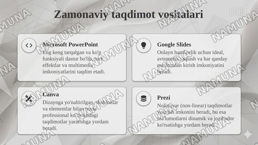 taqdimotlarni ishlab chiqishning zamonaviy vositalar — taqdimot, 4-slayd
