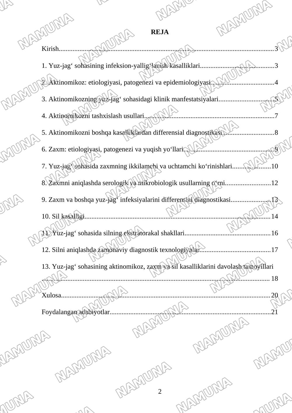 Yuz-jag‘ sohasining infeksion-yallig‘lanish kasalliklari: aktinomikoz, zaxm va sil. Klinikasi, diagnostikasi va differensial diagnostikasi. — referat, 2-varaq