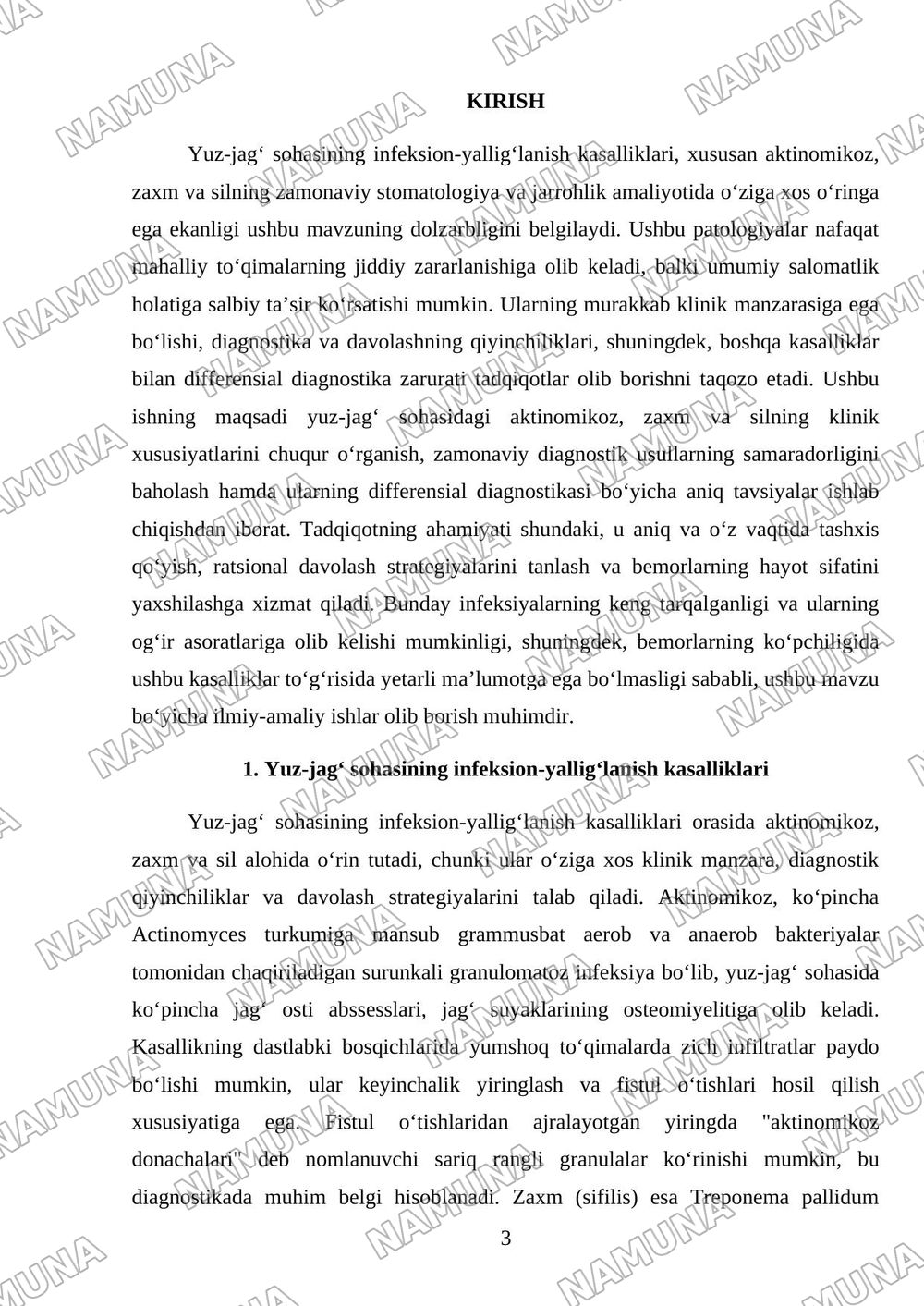 Yuz-jag‘ sohasining infeksion-yallig‘lanish kasalliklari: aktinomikoz, zaxm va sil. Klinikasi, diagnostikasi va differensial diagnostikasi. — referat, 3-varaq