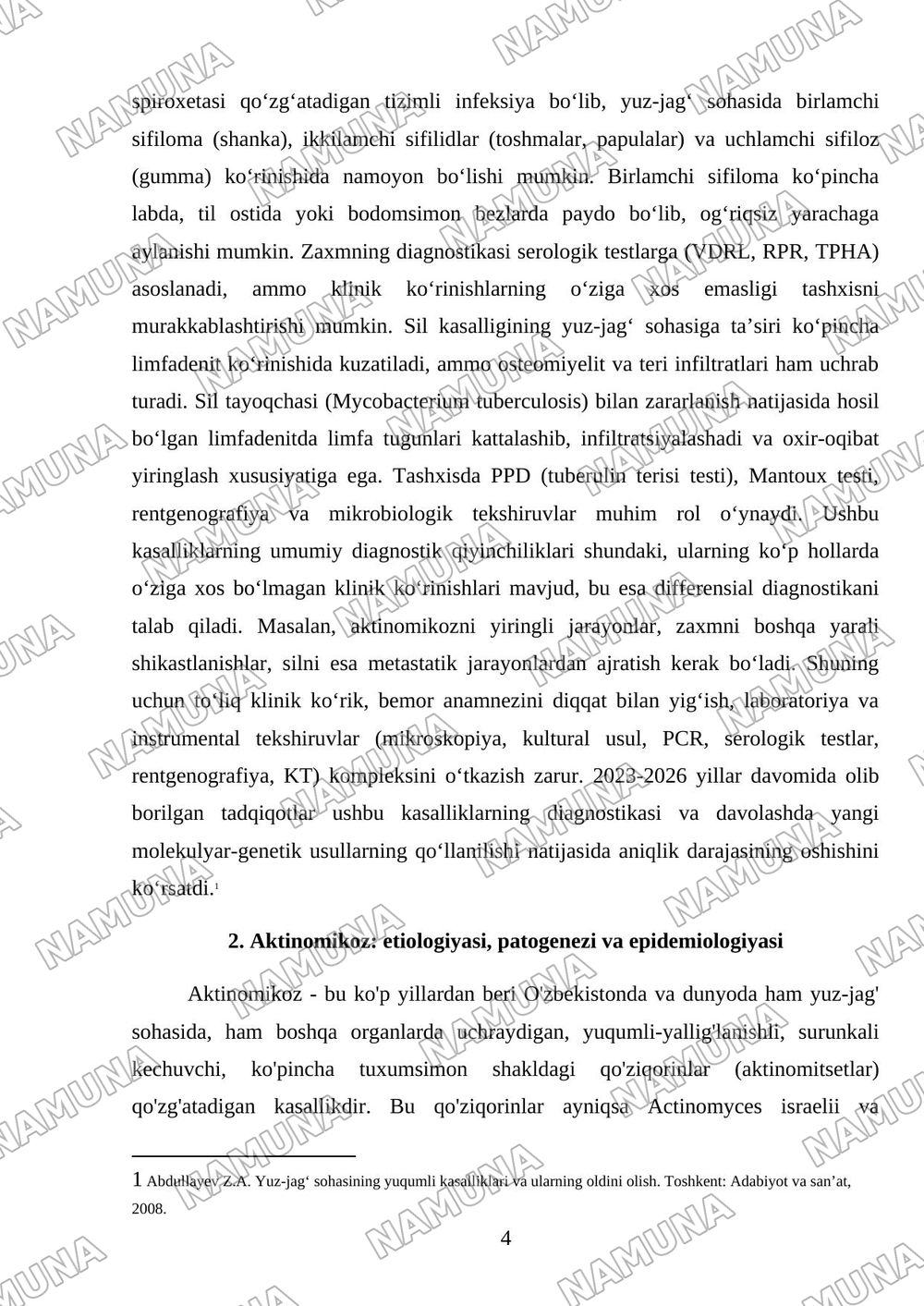 Yuz-jag‘ sohasining infeksion-yallig‘lanish kasalliklari: aktinomikoz, zaxm va sil. Klinikasi, diagnostikasi va differensial diagnostikasi. — referat, 4-varaq