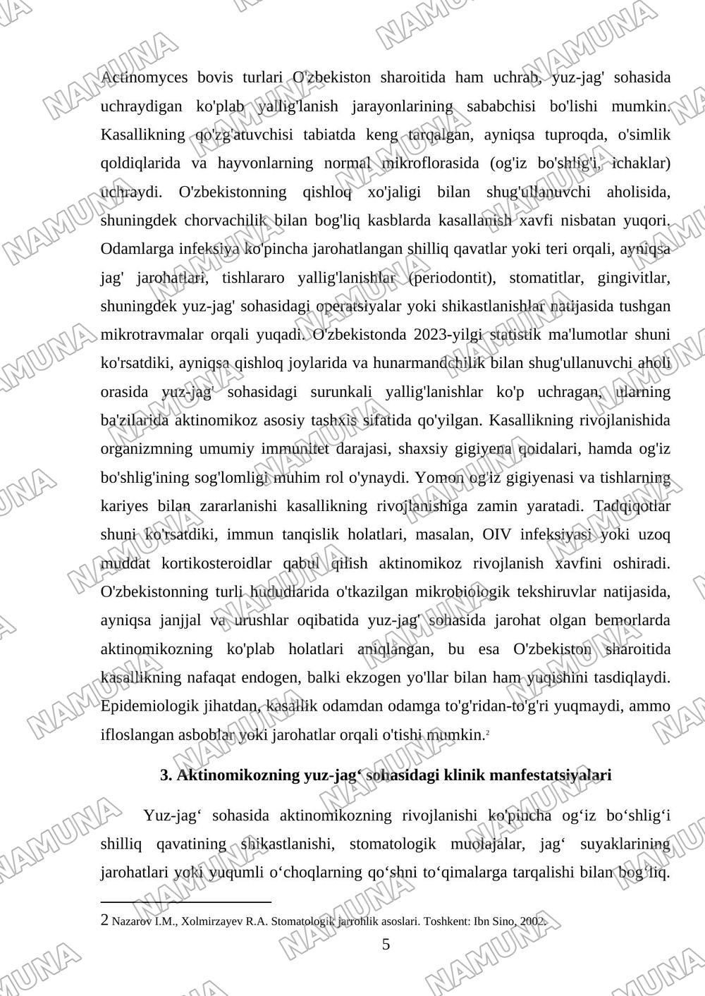 Yuz-jag‘ sohasining infeksion-yallig‘lanish kasalliklari: aktinomikoz, zaxm va sil. Klinikasi, diagnostikasi va differensial diagnostikasi. — referat, 5-varaq