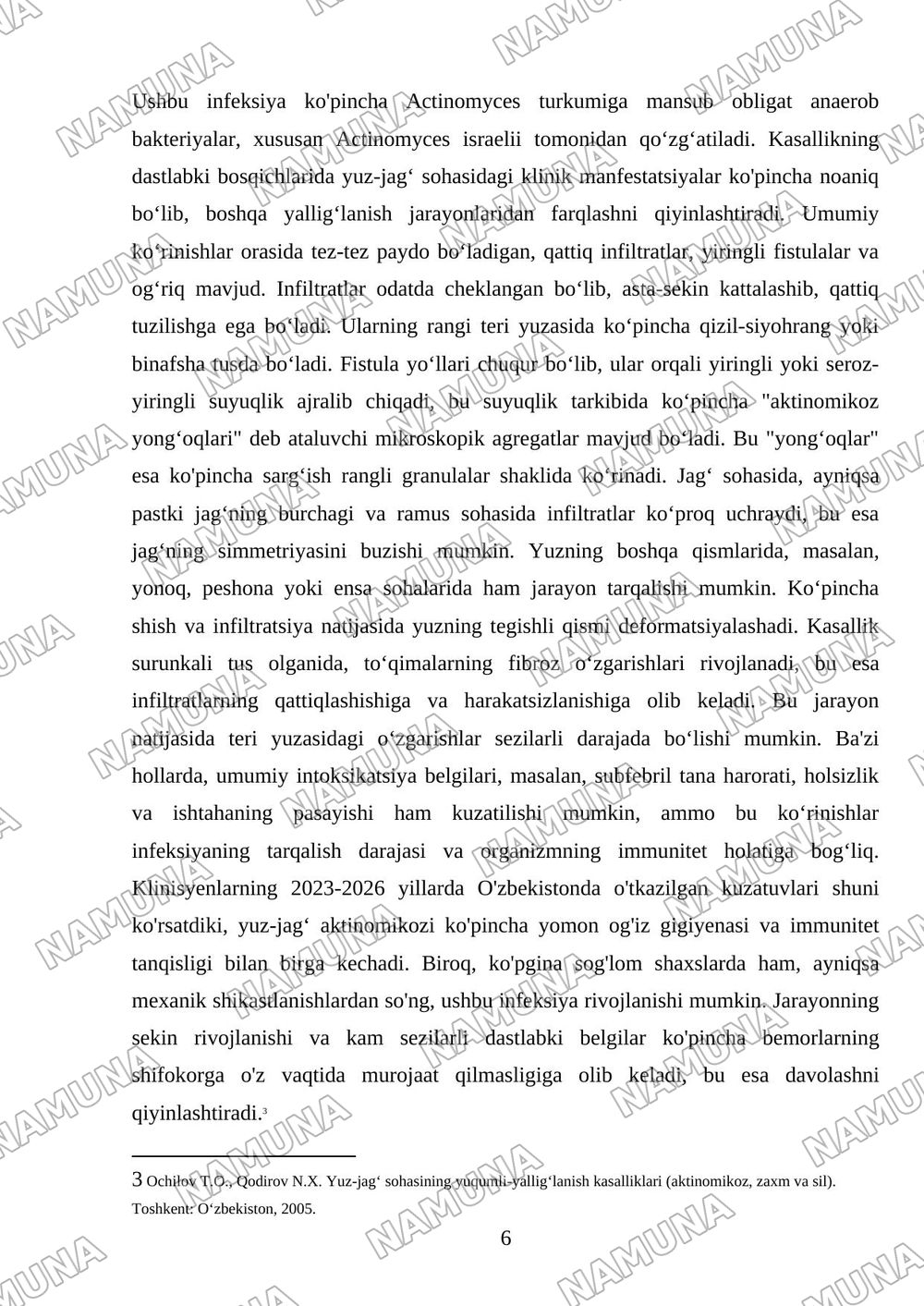 Yuz-jag‘ sohasining infeksion-yallig‘lanish kasalliklari: aktinomikoz, zaxm va sil. Klinikasi, diagnostikasi va differensial diagnostikasi. — referat, 6-varaq