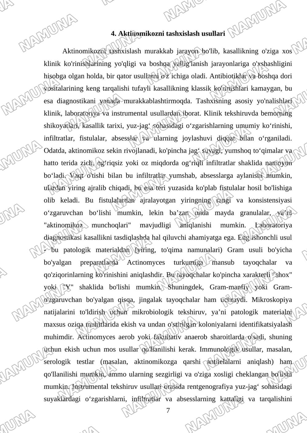 Yuz-jag‘ sohasining infeksion-yallig‘lanish kasalliklari: aktinomikoz, zaxm va sil. Klinikasi, diagnostikasi va differensial diagnostikasi. — referat, 7-varaq