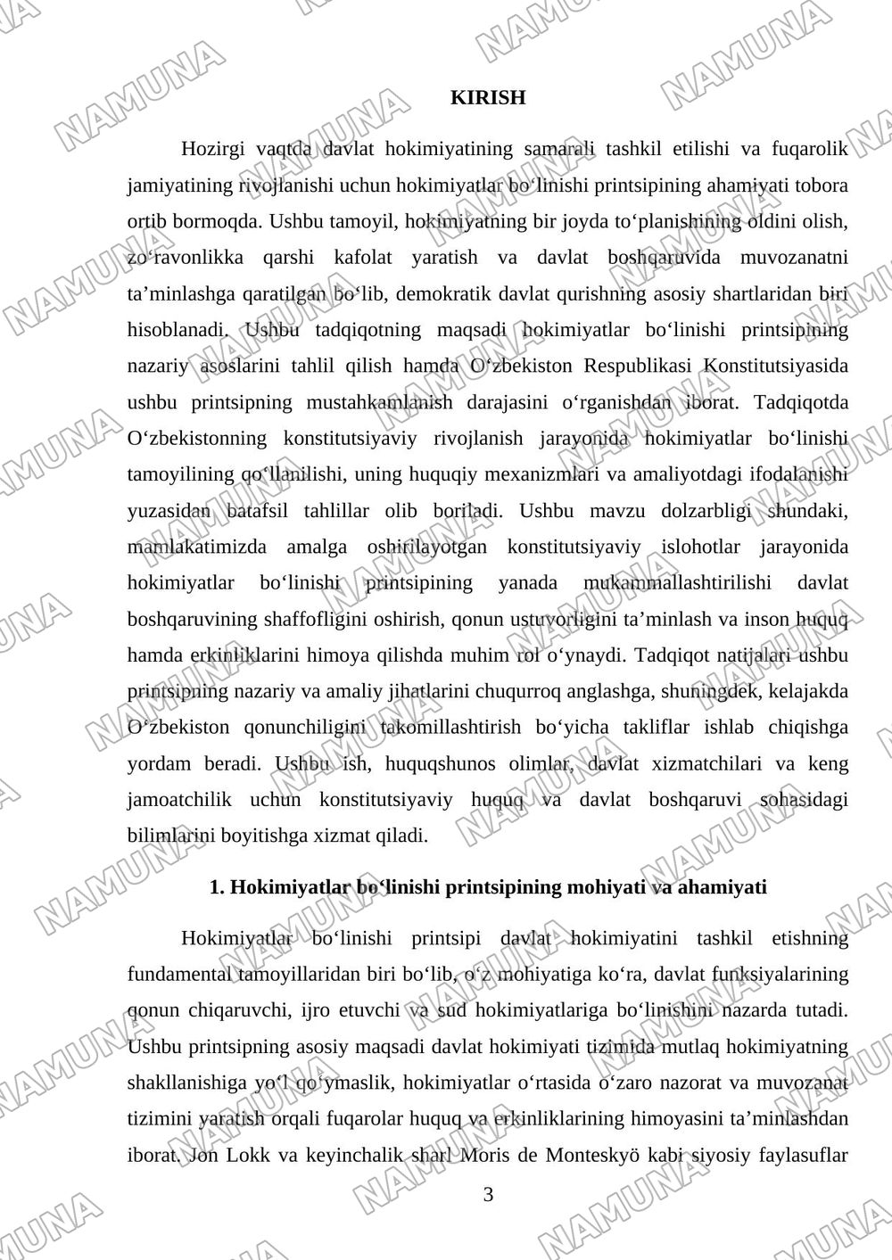 Hokimiyatlar bo‘linishi printsipi va uning konstitutsiyaviy mustahkamlanishini tahlil qilish — mustaqil ish, 3-varaq