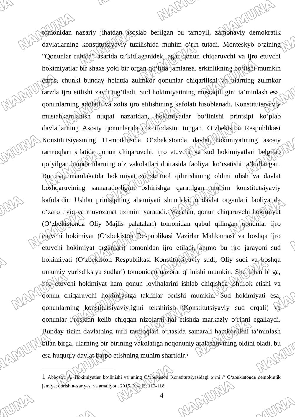 Hokimiyatlar bo‘linishi printsipi va uning konstitutsiyaviy mustahkamlanishini tahlil qilish — mustaqil ish, 4-varaq