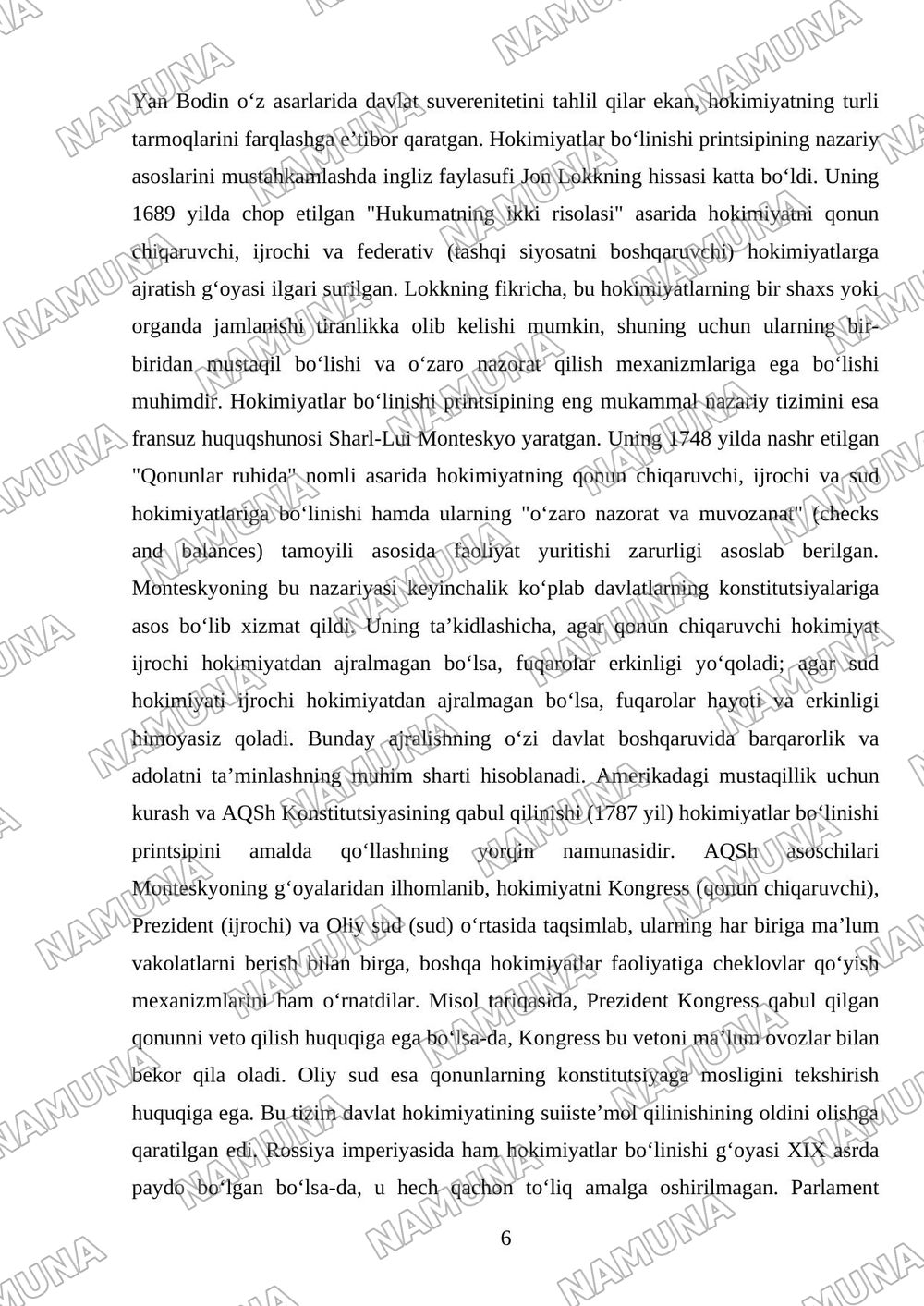 Hokimiyatlar bo‘linishi printsipi va uning konstitutsiyaviy mustahkamlanishini tahlil qilish — mustaqil ish, 6-varaq