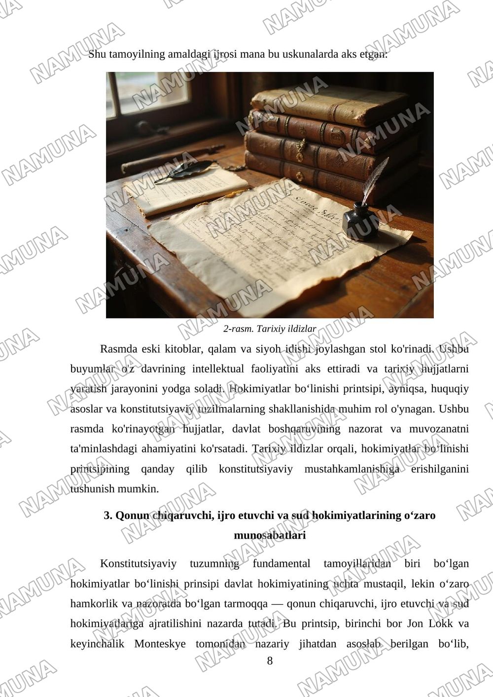 Hokimiyatlar bo‘linishi printsipi va uning konstitutsiyaviy mustahkamlanishini tahlil qilish — mustaqil ish, 8-varaq