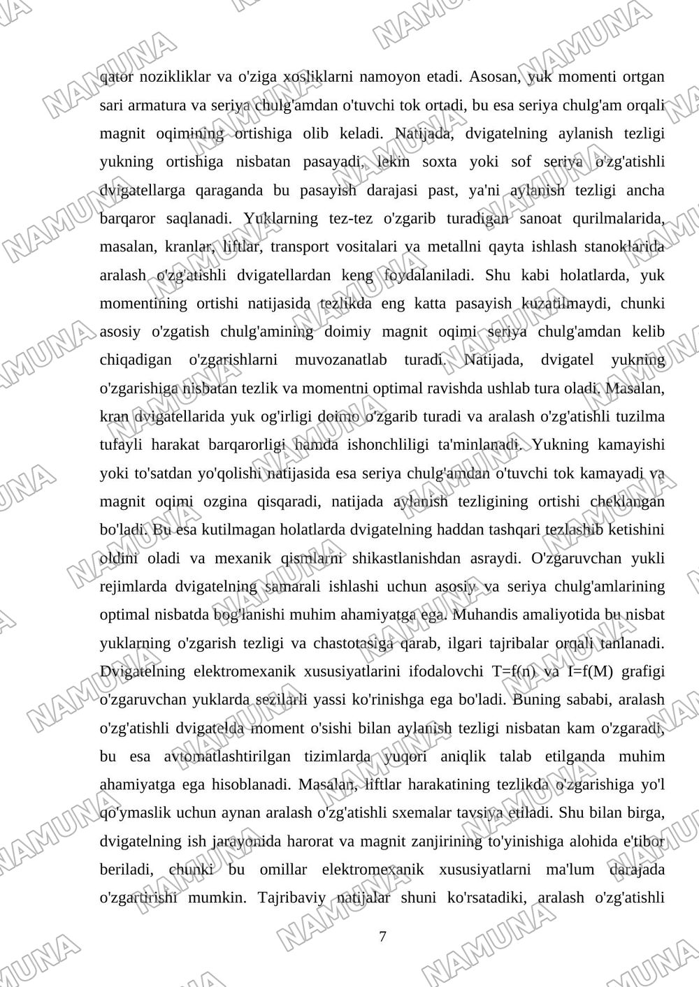 Aralash o'zg'atishli o'zgarmas tok dvigatellarning elektromexanik xususiyatlari — mustaqil ish, 7-varaq