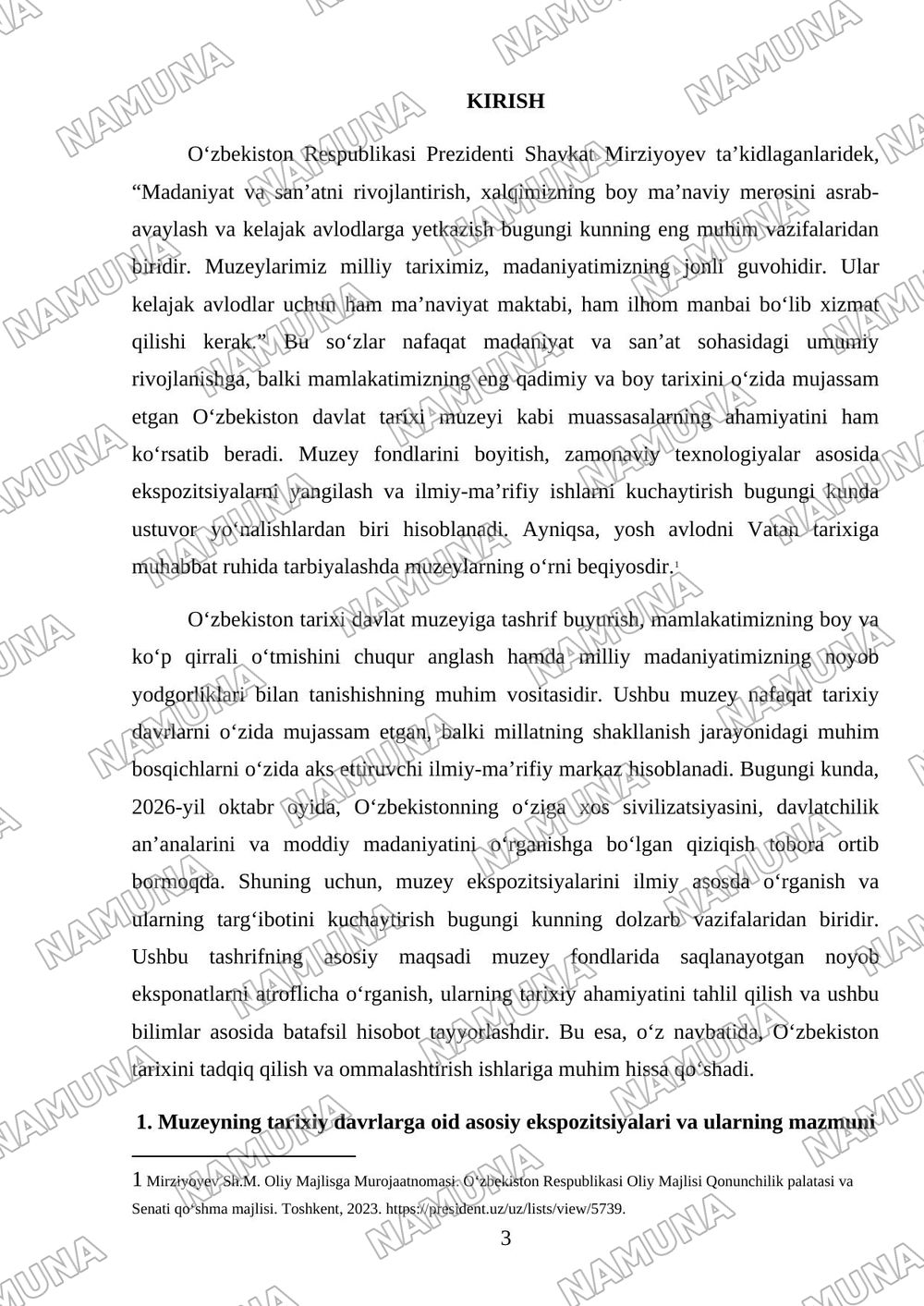 O'zbekiston tarixi davlat muzeyiga ekskursiya va muzey eksponatlari to'g'risida hisobot tayyorlash. — referat, 3-varaq