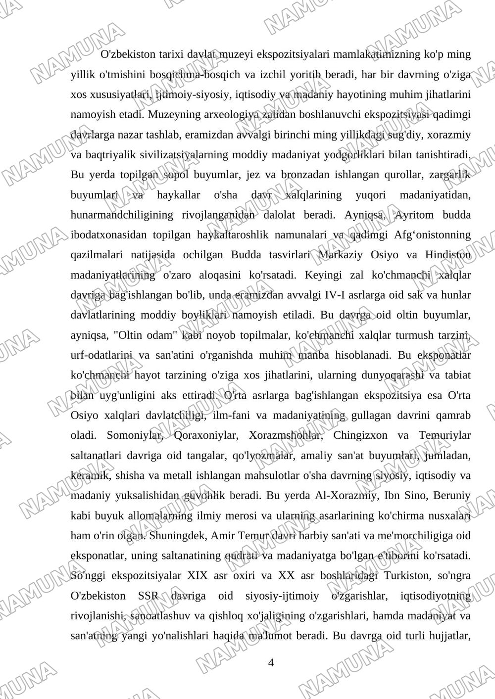 O'zbekiston tarixi davlat muzeyiga ekskursiya va muzey eksponatlari to'g'risida hisobot tayyorlash. — referat, 4-varaq
