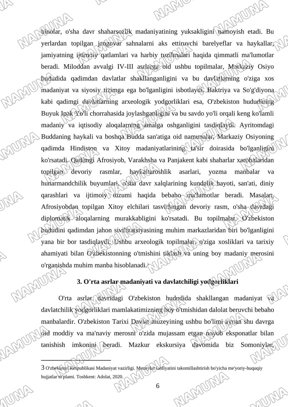 O'zbekiston tarixi davlat muzeyiga ekskursiya va muzey eksponatlari to'g'risida hisobot tayyorlash. — referat, 6-varaq