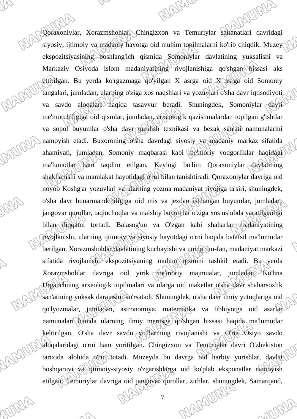 O'zbekiston tarixi davlat muzeyiga ekskursiya va muzey eksponatlari to'g'risida hisobot tayyorlash. — referat, 7-varaq