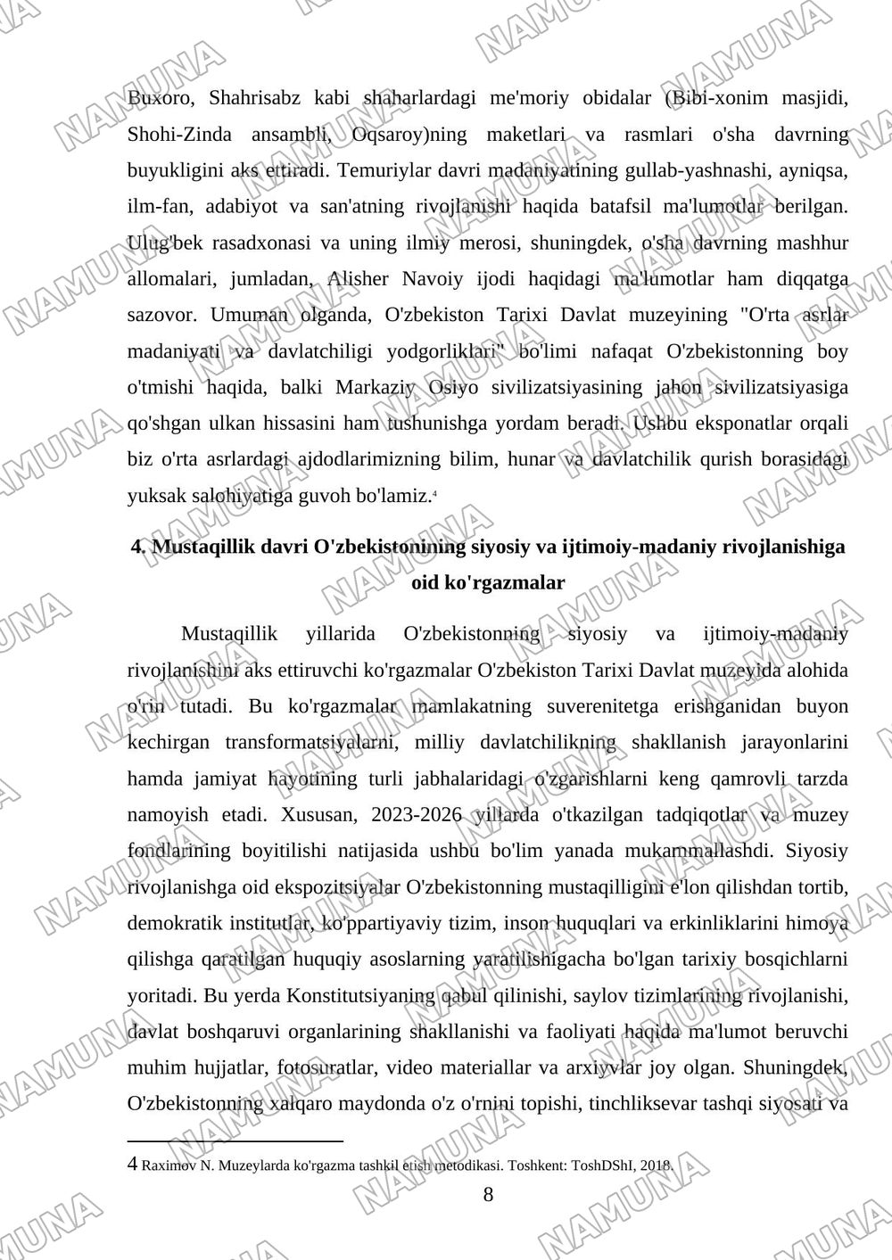 O'zbekiston tarixi davlat muzeyiga ekskursiya va muzey eksponatlari to'g'risida hisobot tayyorlash. — referat, 8-varaq