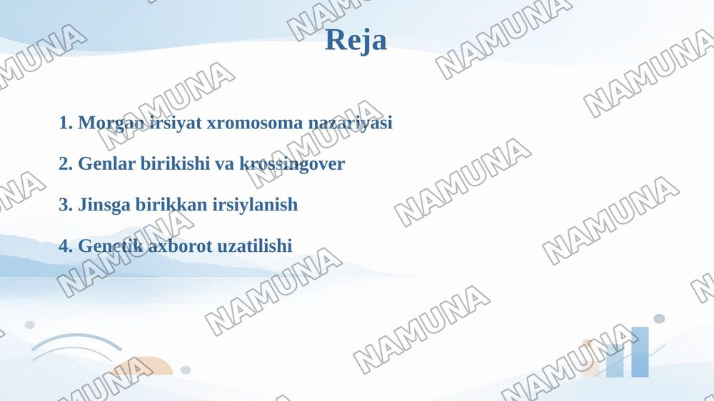 T.G.Morganning irsiyatning xromosoma nazariyasi, Genlaming 
birikish hodisasi, krossingover. Belgilarning jinsga birikkan holda irsiylanishi — taqdimot, 2-slayd