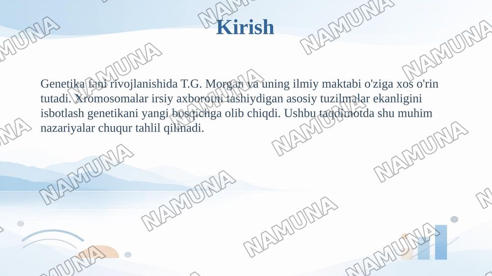 T.G.Morganning irsiyatning xromosoma nazariyasi, Genlaming 
birikish hodisasi, krossingover. Belgilarning jinsga birikkan holda irsiylanishi — taqdimot, 3-slayd