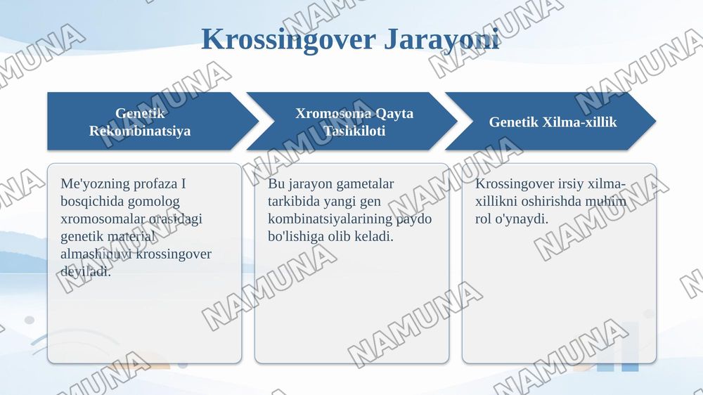 T.G.Morganning irsiyatning xromosoma nazariyasi, Genlaming 
birikish hodisasi, krossingover. Belgilarning jinsga birikkan holda irsiylanishi — taqdimot, 6-slayd
