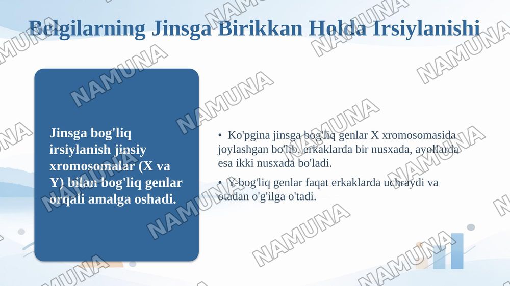T.G.Morganning irsiyatning xromosoma nazariyasi, Genlaming 
birikish hodisasi, krossingover. Belgilarning jinsga birikkan holda irsiylanishi — taqdimot, 8-slayd