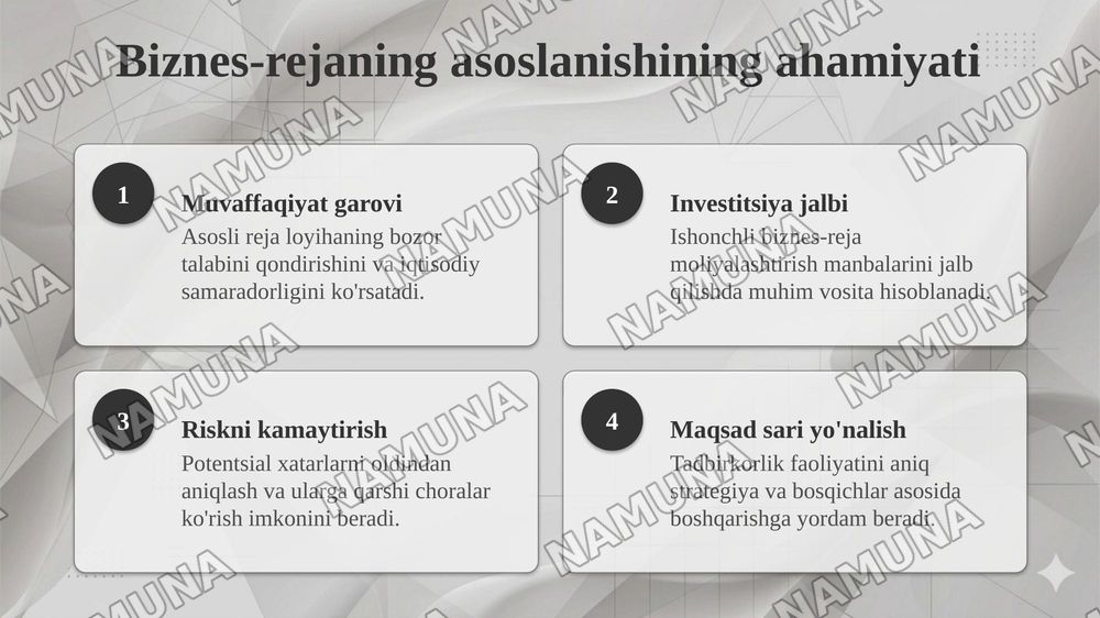 Biznes-rejaning asoslanganligi va ishonchliligi hamda ularni ta'minlovchi omillar. — taqdimot, 4-slayd